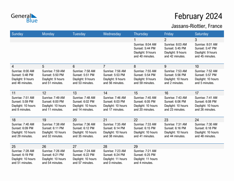 Jassans-Riottier February 2024 sunrise and sunset calendar in PDF, Excel, and Word