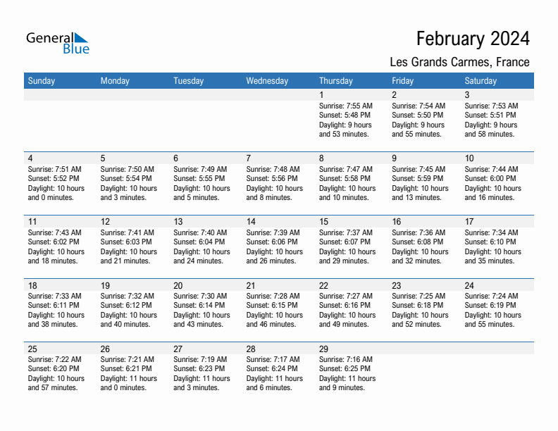 Les Grands Carmes February 2024 sunrise and sunset calendar in PDF, Excel, and Word