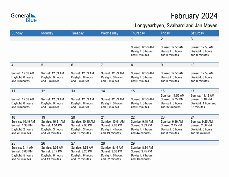 Longyearbyen February 2024 sunrise and sunset calendar in PDF, Excel, and Word