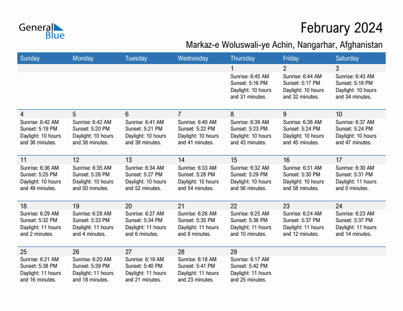 Markaz-e Woluswali-ye Achin February 2024 sunrise and sunset calendar in PDF, Excel, and Word