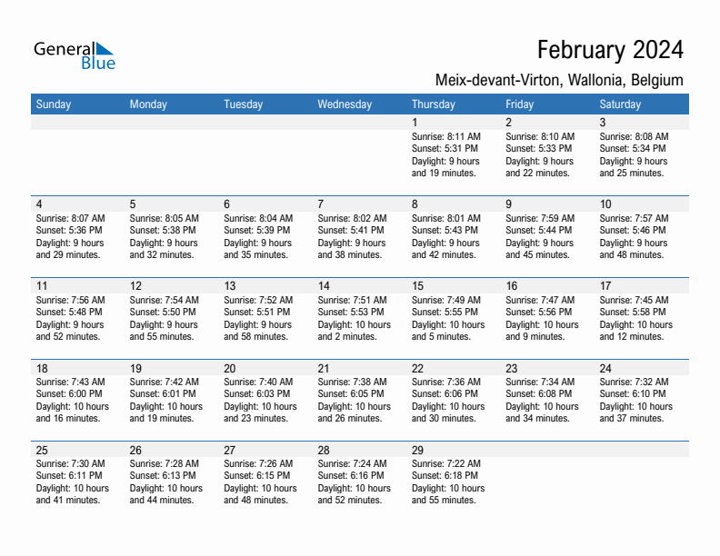 Meix-devant-Virton February 2024 sunrise and sunset calendar in PDF, Excel, and Word