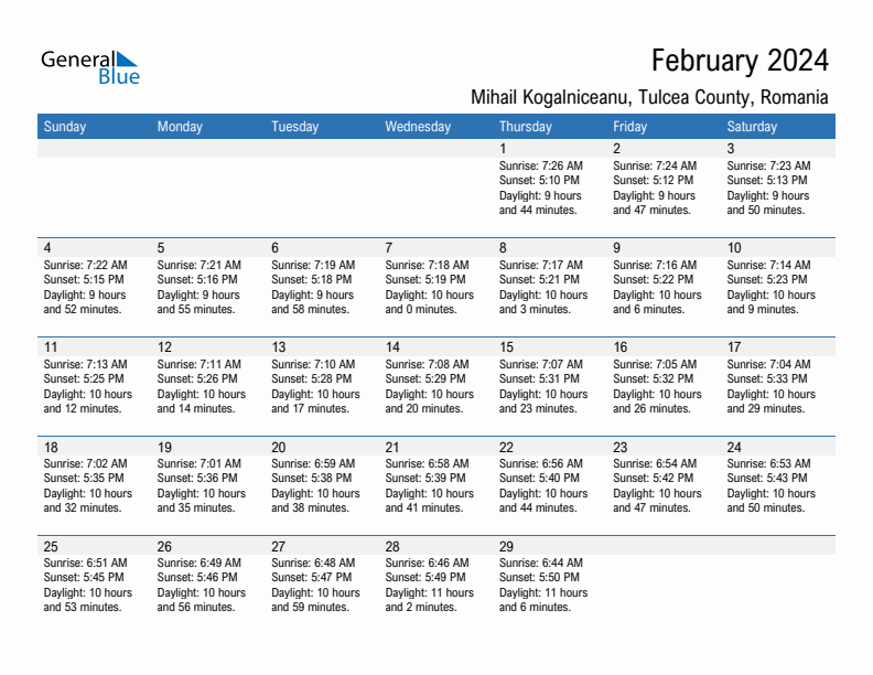 Mihail Kogalniceanu February 2024 sunrise and sunset calendar in PDF, Excel, and Word