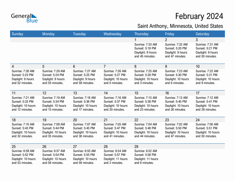 Saint Anthony February 2024 sunrise and sunset calendar in PDF, Excel, and Word