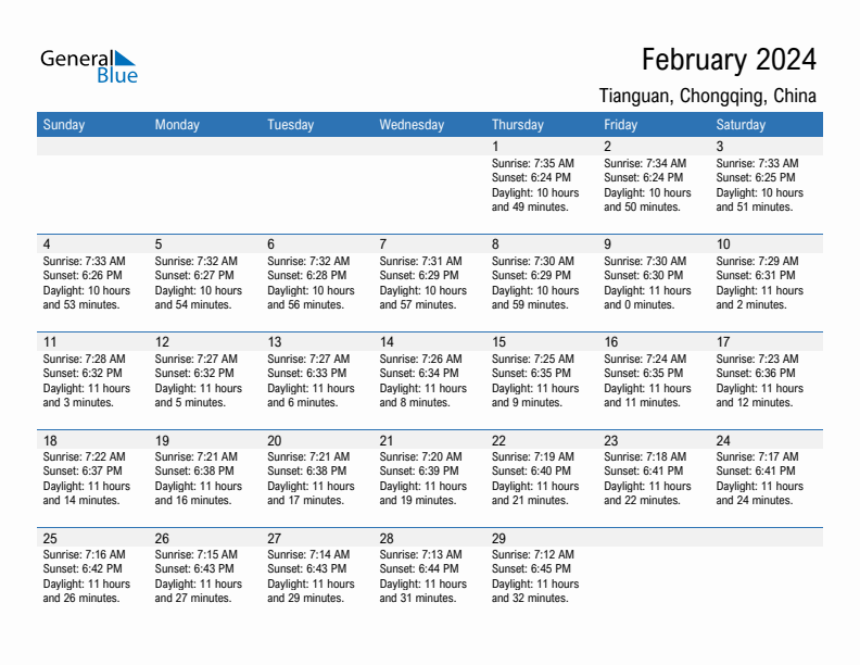 Tianguan February 2024 sunrise and sunset calendar in PDF, Excel, and Word