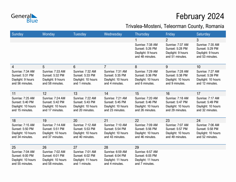 Trivalea-Mosteni February 2024 sunrise and sunset calendar in PDF, Excel, and Word