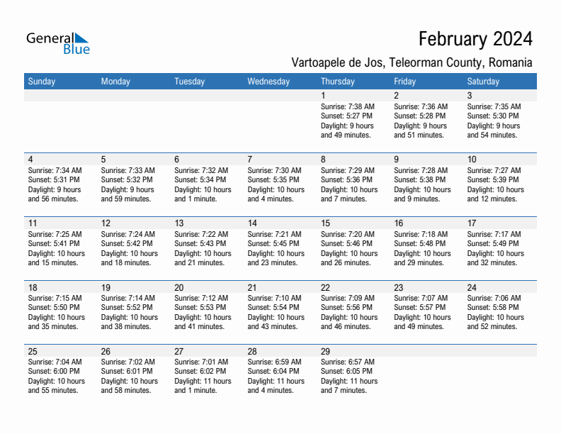 Vartoapele de Jos February 2024 sunrise and sunset calendar in PDF, Excel, and Word