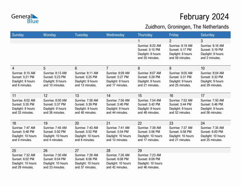 Zuidhorn February 2024 sunrise and sunset calendar in PDF, Excel, and Word