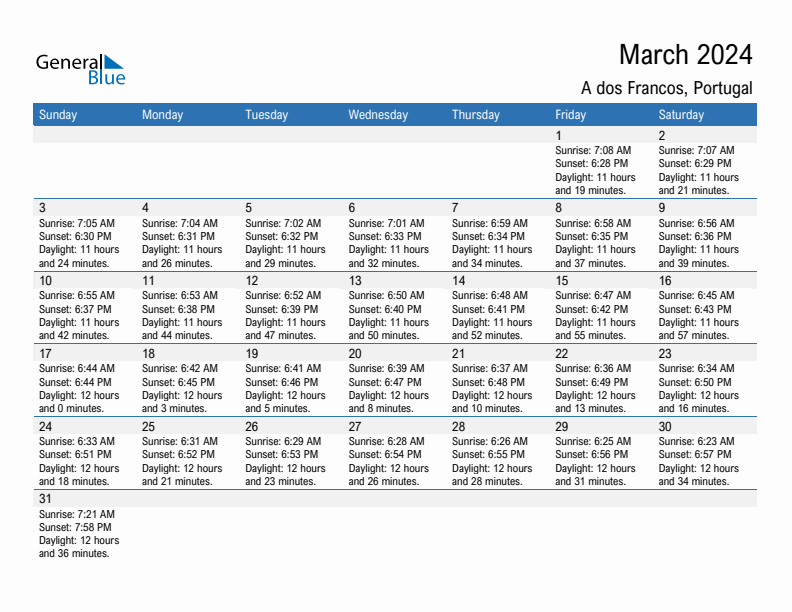 A dos Francos March 2024 sunrise and sunset calendar in PDF, Excel, and Word