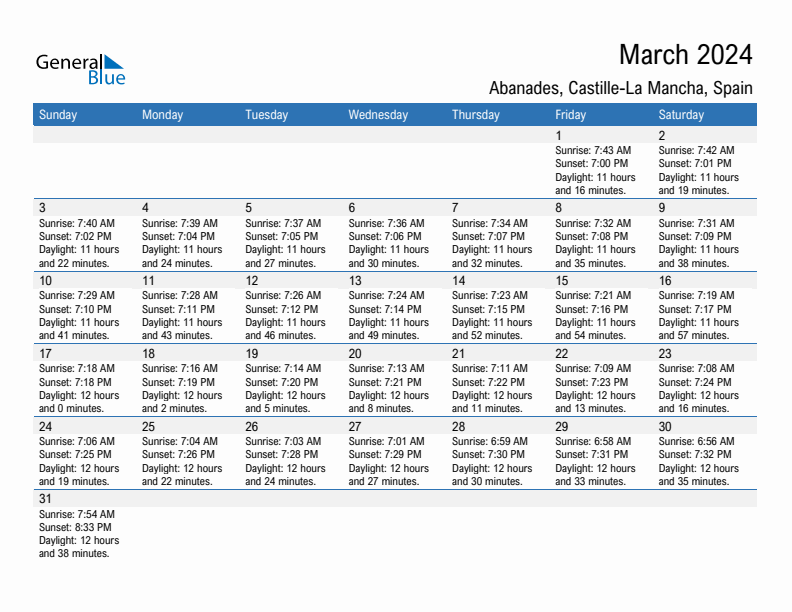 Abanades March 2024 sunrise and sunset calendar in PDF, Excel, and Word