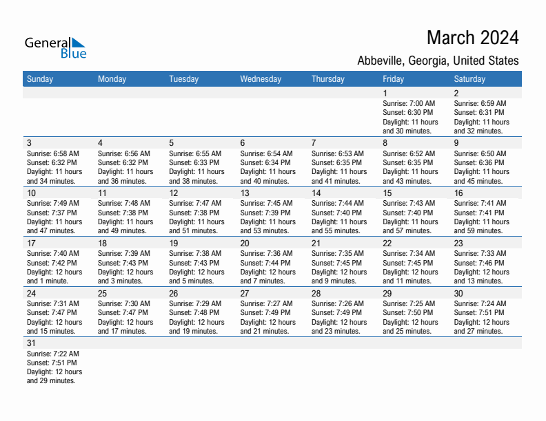 Abbeville March 2024 sunrise and sunset calendar in PDF, Excel, and Word