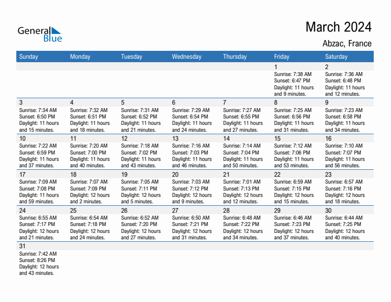 Abzac March 2024 sunrise and sunset calendar in PDF, Excel, and Word