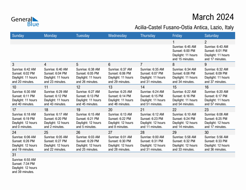 Acilia-Castel Fusano-Ostia Antica March 2024 sunrise and sunset calendar in PDF, Excel, and Word