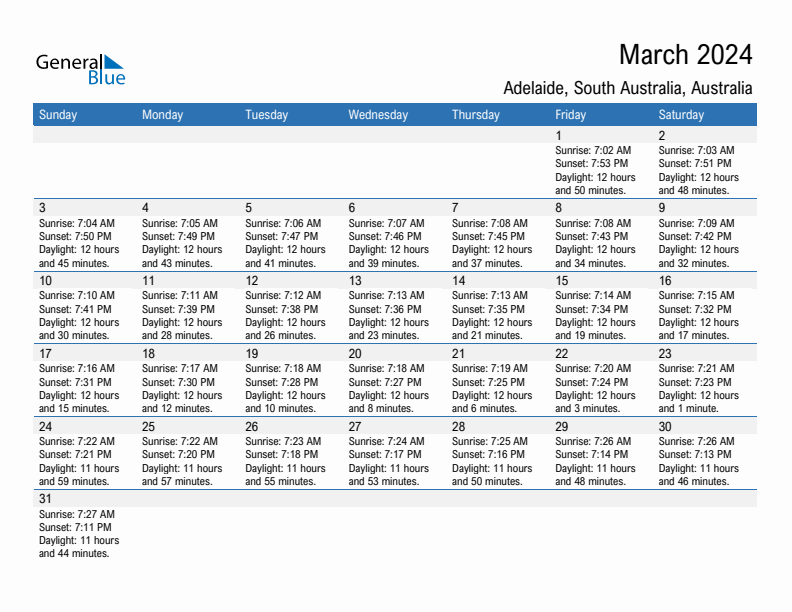 Adelaide March 2024 sunrise and sunset calendar in PDF, Excel, and Word