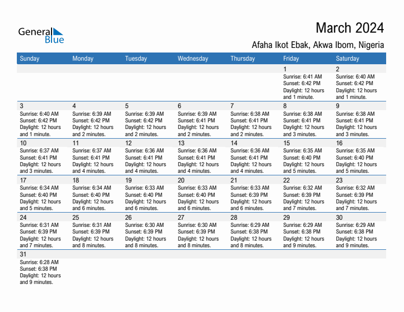 Afaha Ikot Ebak March 2024 sunrise and sunset calendar in PDF, Excel, and Word