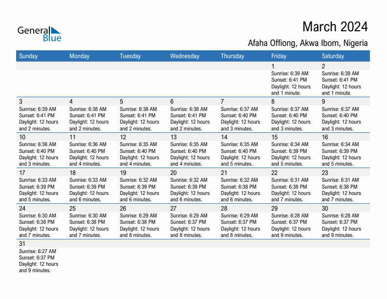 Afaha Offiong March 2024 sunrise and sunset calendar in PDF, Excel, and Word