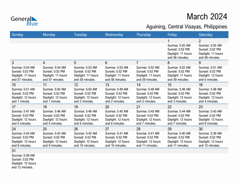 Aguining March 2024 sunrise and sunset calendar in PDF, Excel, and Word