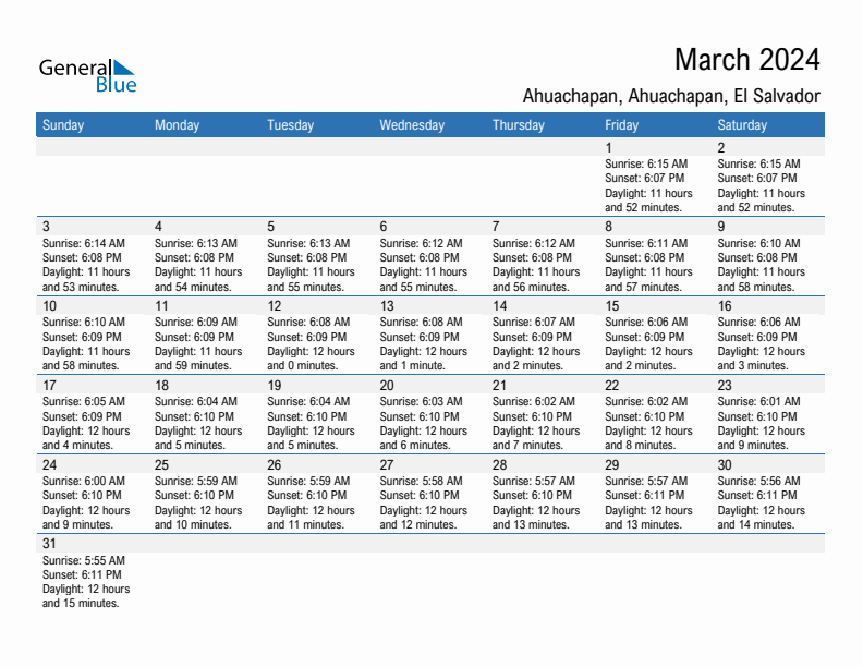 Ahuachapan March 2024 sunrise and sunset calendar in PDF, Excel, and Word