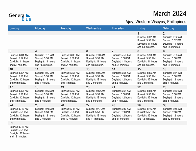 Ajuy March 2024 sunrise and sunset calendar in PDF, Excel, and Word