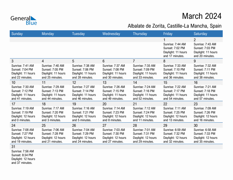 Albalate de Zorita March 2024 sunrise and sunset calendar in PDF, Excel, and Word