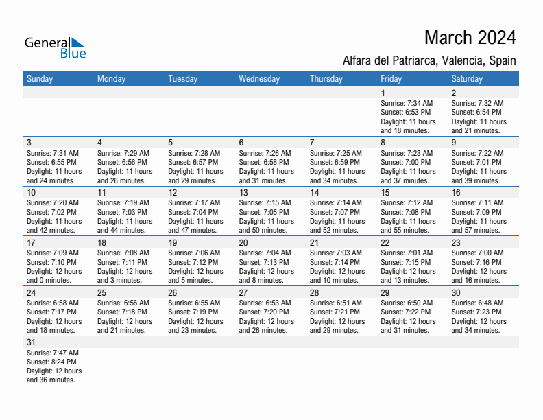 Alfara del Patriarca March 2024 sunrise and sunset calendar in PDF, Excel, and Word