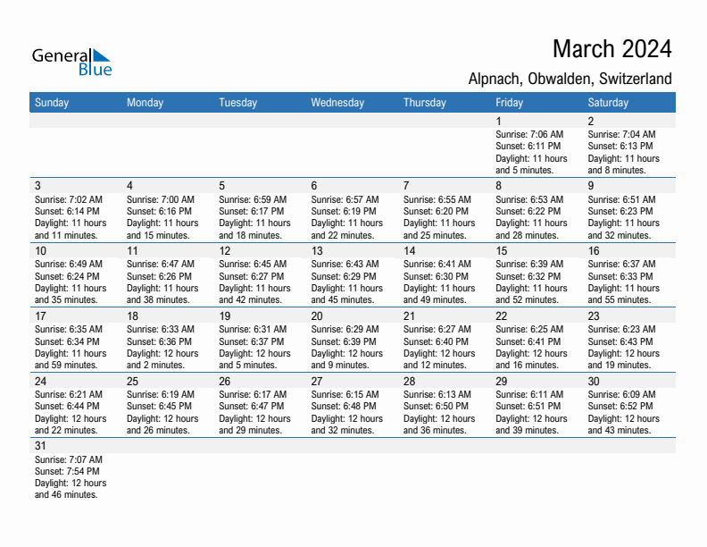 Alpnach March 2024 sunrise and sunset calendar in PDF, Excel, and Word