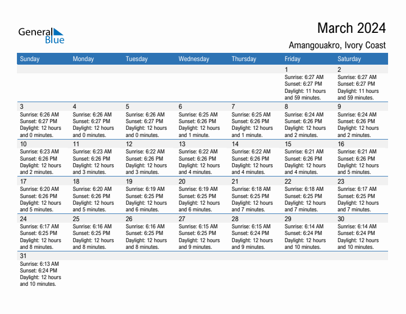 Amangouakro March 2024 sunrise and sunset calendar in PDF, Excel, and Word