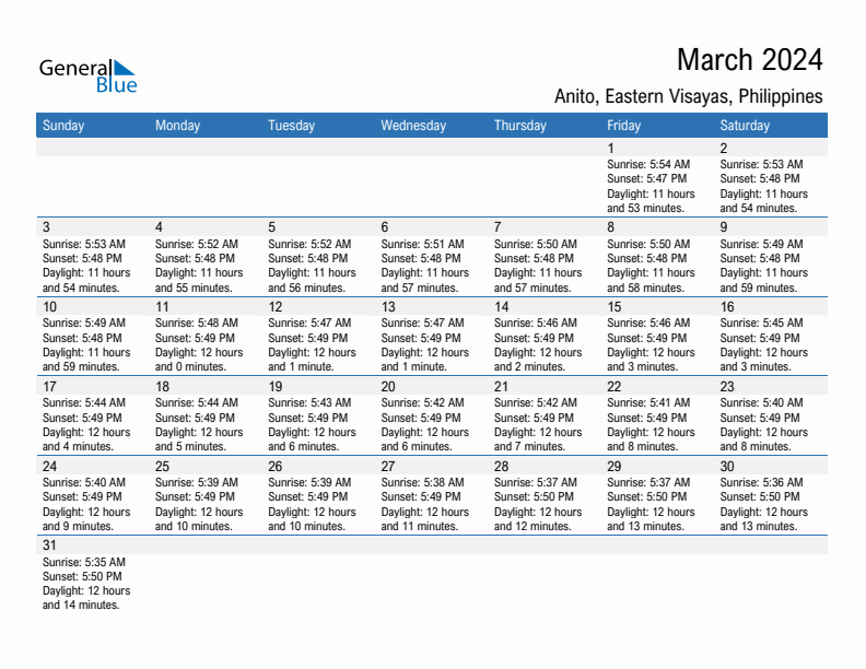 Anito March 2024 sunrise and sunset calendar in PDF, Excel, and Word