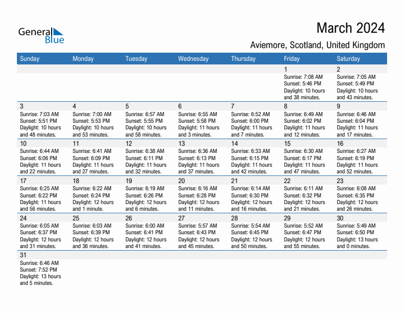 Aviemore March 2024 sunrise and sunset calendar in PDF, Excel, and Word