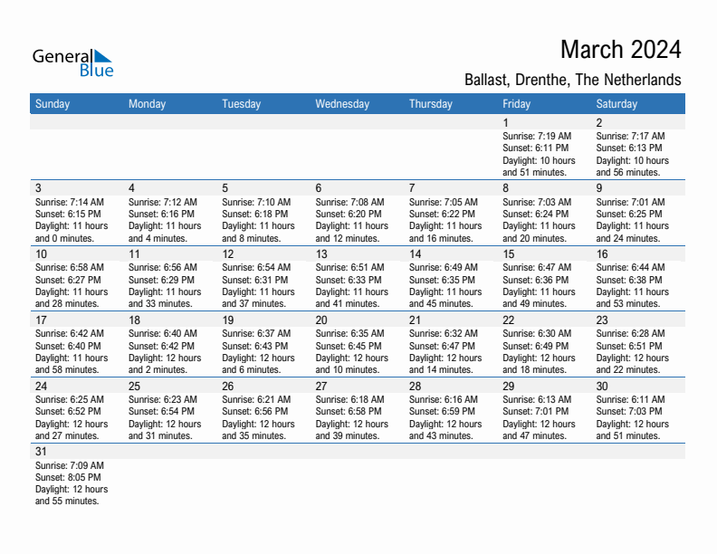 Ballast March 2024 sunrise and sunset calendar in PDF, Excel, and Word