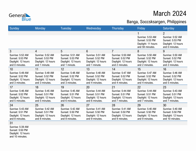 Banga March 2024 sunrise and sunset calendar in PDF, Excel, and Word