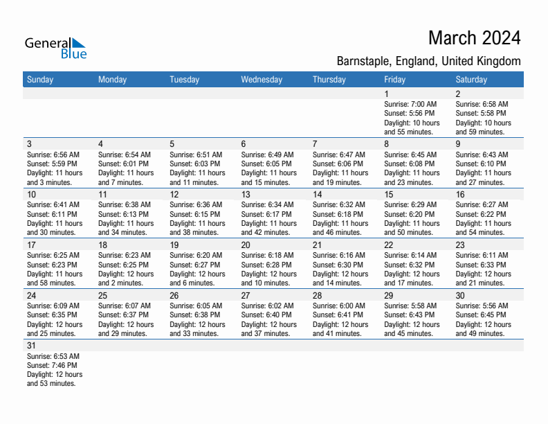 Barnstaple March 2024 sunrise and sunset calendar in PDF, Excel, and Word