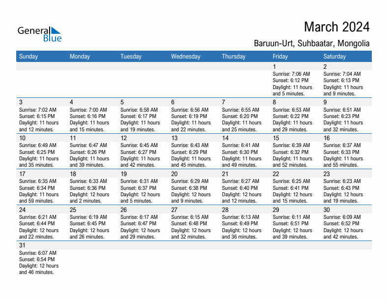 Baruun-Urt March 2024 sunrise and sunset calendar in PDF, Excel, and Word