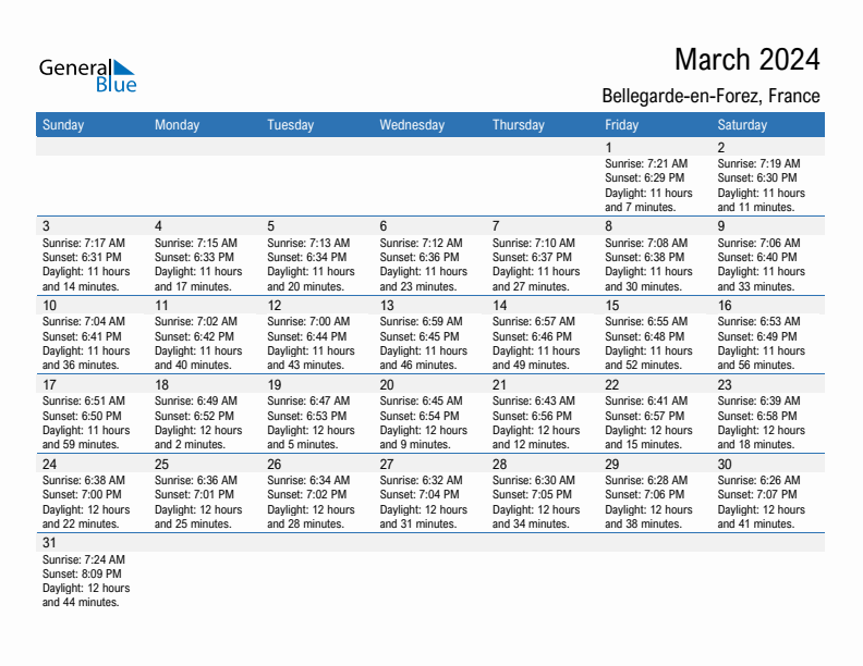 Bellegarde-en-Forez March 2024 sunrise and sunset calendar in PDF, Excel, and Word