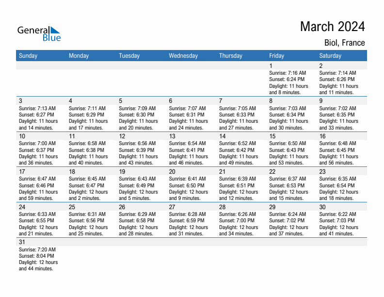 Biol March 2024 sunrise and sunset calendar in PDF, Excel, and Word