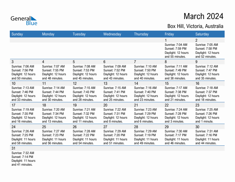 Box Hill March 2024 sunrise and sunset calendar in PDF, Excel, and Word