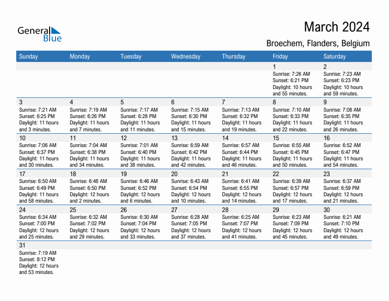 Broechem March 2024 sunrise and sunset calendar in PDF, Excel, and Word