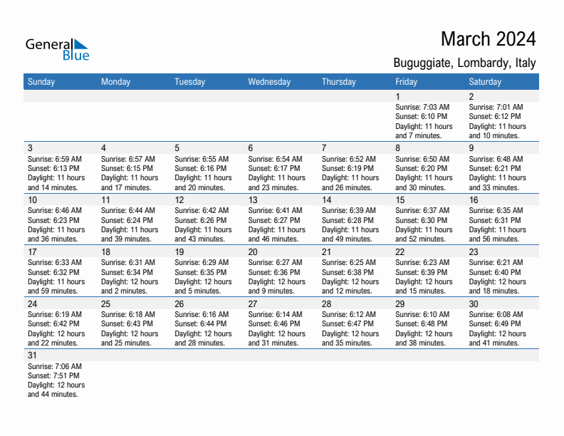 Buguggiate March 2024 sunrise and sunset calendar in PDF, Excel, and Word