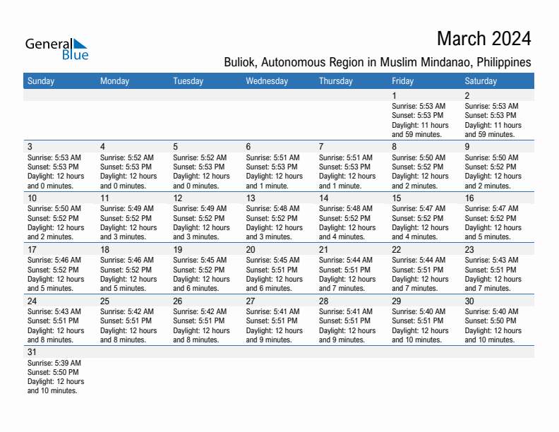 Buliok March 2024 sunrise and sunset calendar in PDF, Excel, and Word