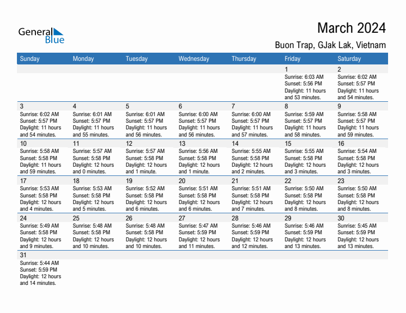 Buon Trap March 2024 sunrise and sunset calendar in PDF, Excel, and Word