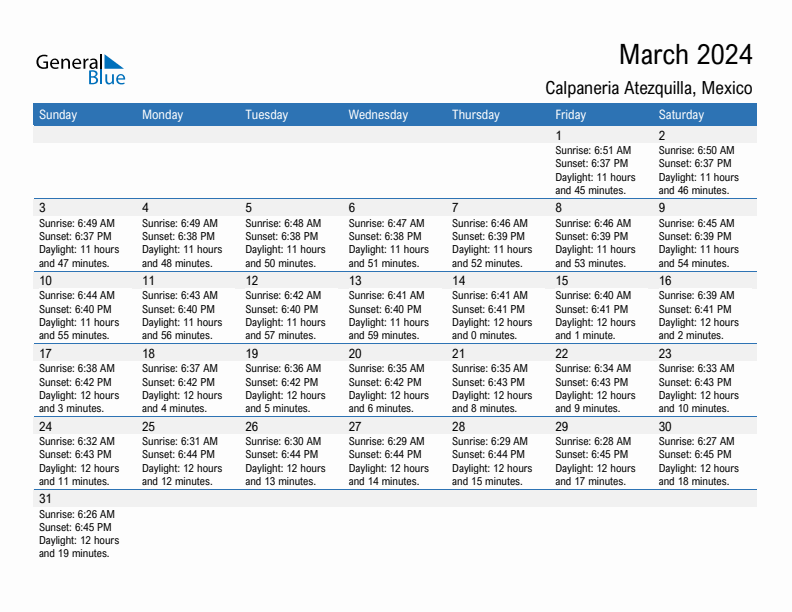 Calpaneria Atezquilla March 2024 sunrise and sunset calendar in PDF, Excel, and Word