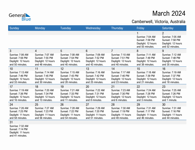 Camberwell March 2024 sunrise and sunset calendar in PDF, Excel, and Word