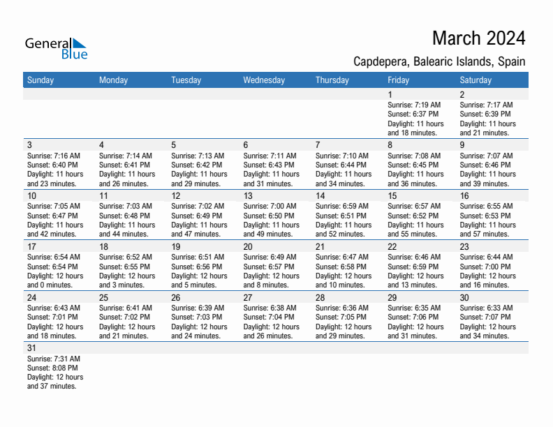 Capdepera March 2024 sunrise and sunset calendar in PDF, Excel, and Word