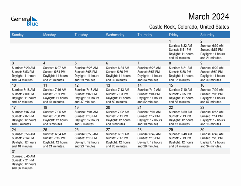 Castle Rock March 2024 sunrise and sunset calendar in PDF, Excel, and Word