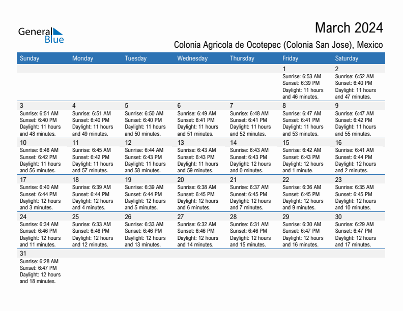 Colonia Agricola de Ocotepec (Colonia San Jose) March 2024 sunrise and sunset calendar in PDF, Excel, and Word