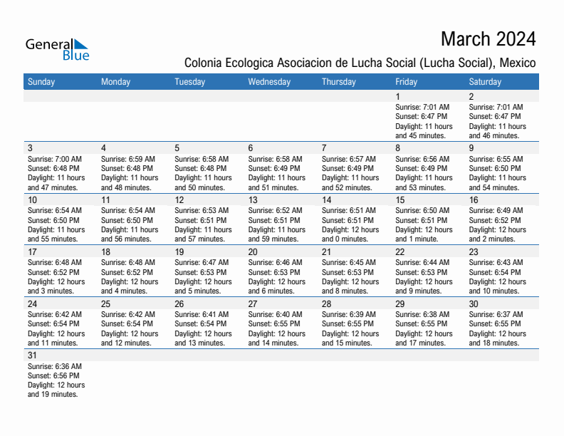 Colonia Ecologica Asociacion de Lucha Social (Lucha Social) March 2024 sunrise and sunset calendar in PDF, Excel, and Word