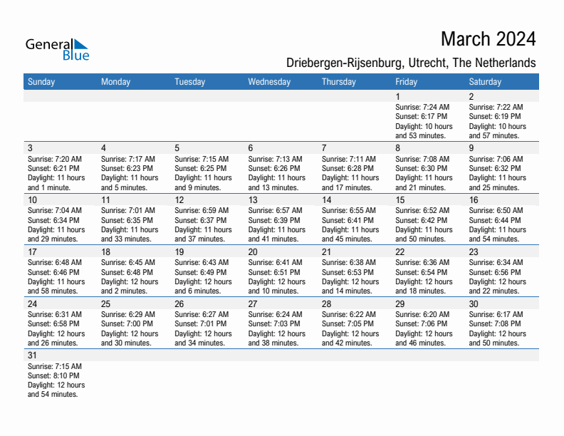 Driebergen-Rijsenburg March 2024 sunrise and sunset calendar in PDF, Excel, and Word