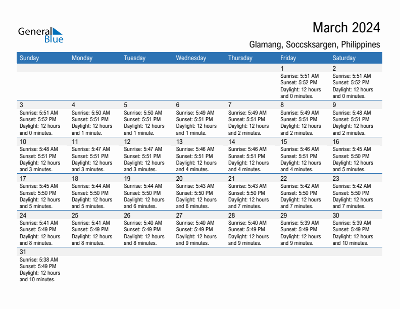 Glamang March 2024 sunrise and sunset calendar in PDF, Excel, and Word