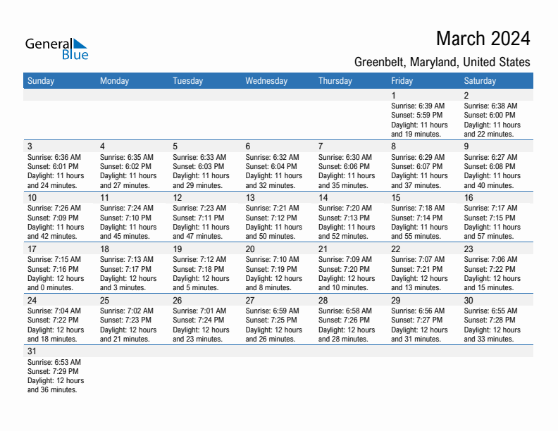 Greenbelt March 2024 sunrise and sunset calendar in PDF, Excel, and Word