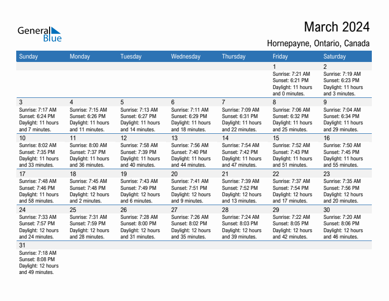 Hornepayne March 2024 sunrise and sunset calendar in PDF, Excel, and Word