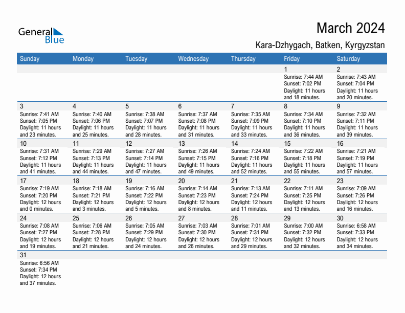 Kara-Dzhygach March 2024 sunrise and sunset calendar in PDF, Excel, and Word